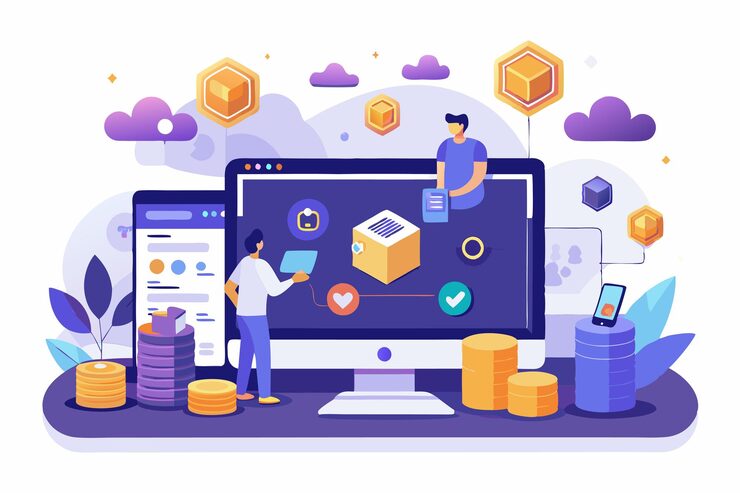 Vector 디지털 자산과 데이터 흐름을 관리하는 사용자와 함께 블록체인 플랫폼 인터페이스의 일러스트레이션 블록 체인 데이터 플랫폼 랜딩 페이지 템플릿