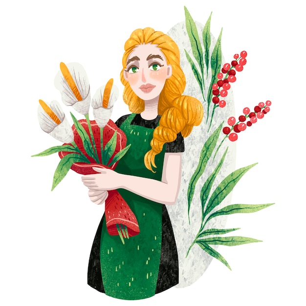 Иллюстрация белокурой скандинавской флористки с букетом калл в руках