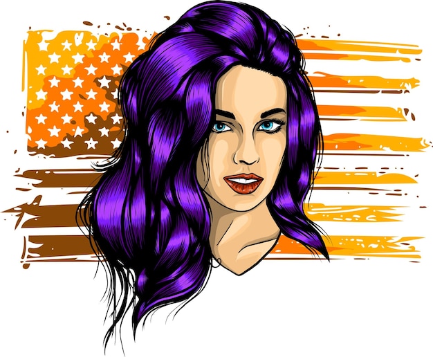 アメリカの国旗を持つ金髪の女性のイラスト