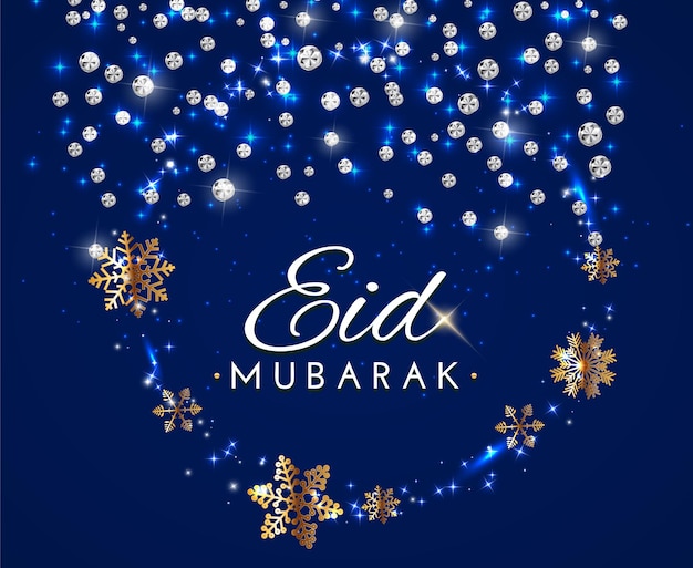 Vector an illustration of a blue background with gold glitters and eid mubarak