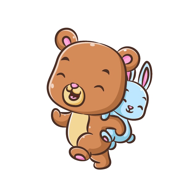 The illustration of the blue cutes bear is walking with the little rabbit on his back