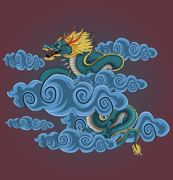 Illustration of a blue dragon in the clouds