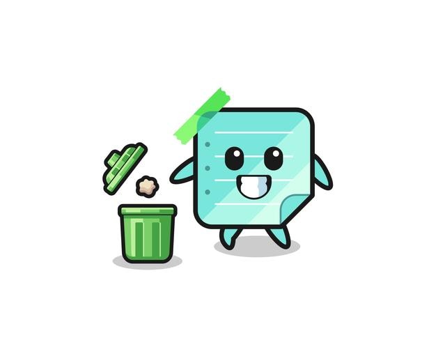 Illustration of the blue sticky notes throwing garbage in the trash can