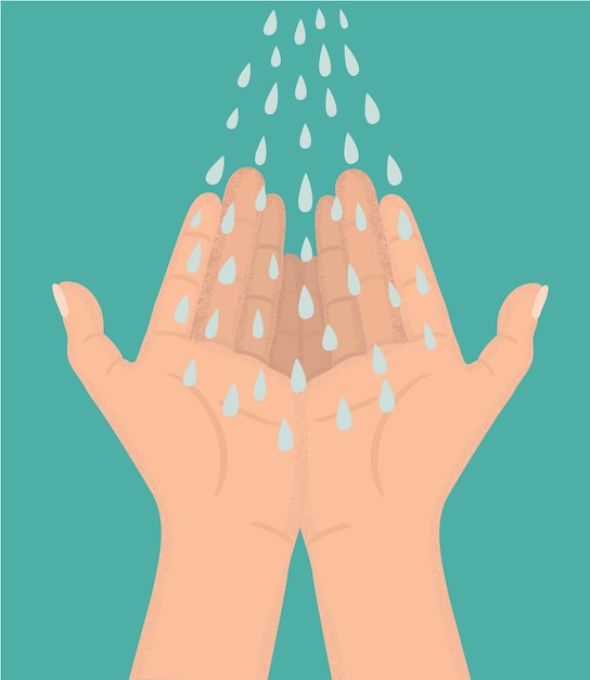 Vector illustration of blue water-drops drip onto an open hands