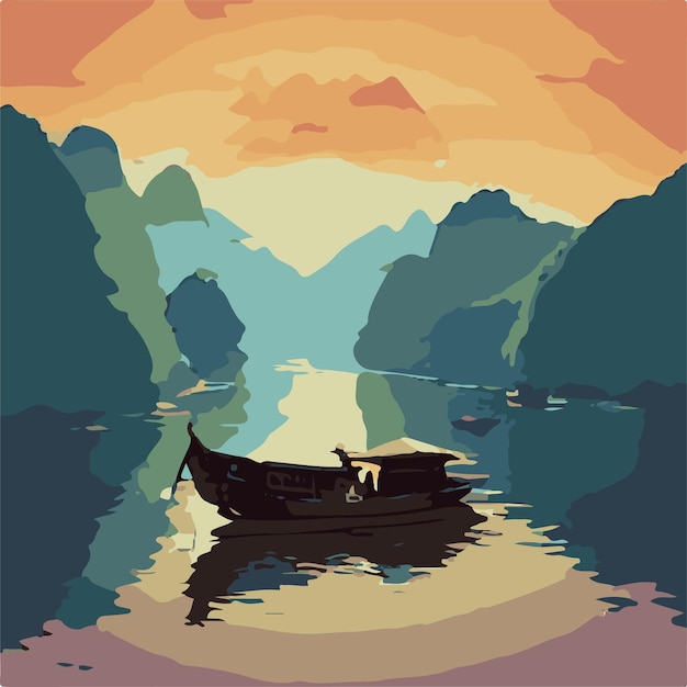 Vettore illustrazione di una barca su un fiume mistico con uno sfondo al tramonto