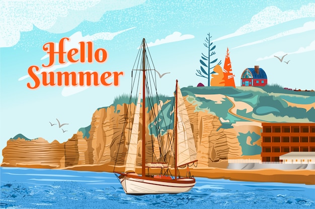 Vector illustration of a boat sailing on a beach with cliffs in summer