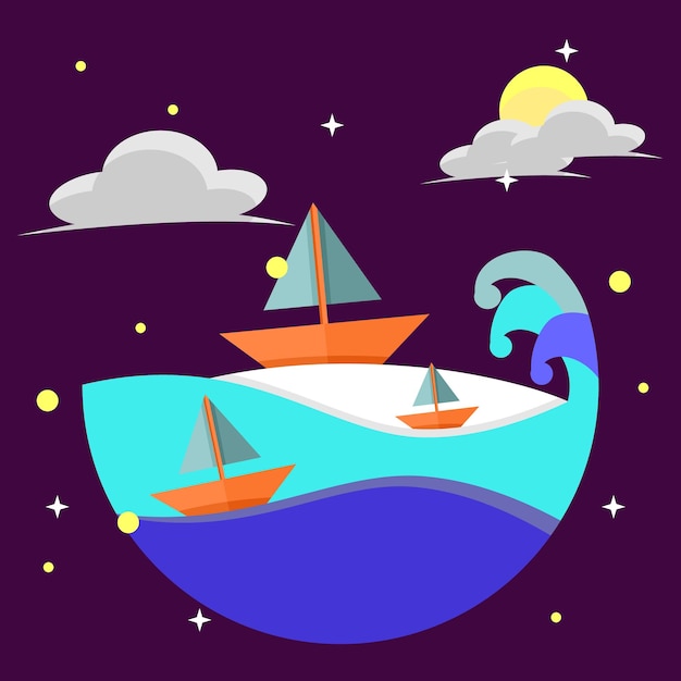 Illustration of Boat on the sea, night, stars, moon and cloud. Purple, Blue, Orange, Grey and Yellow