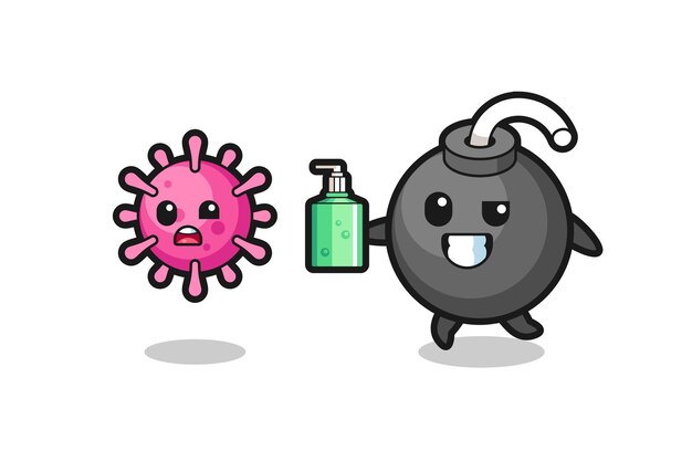 Vector illustration of bomb character chasing evil virus with hand sanitizer , cute style design for t shirt, sticker, logo element