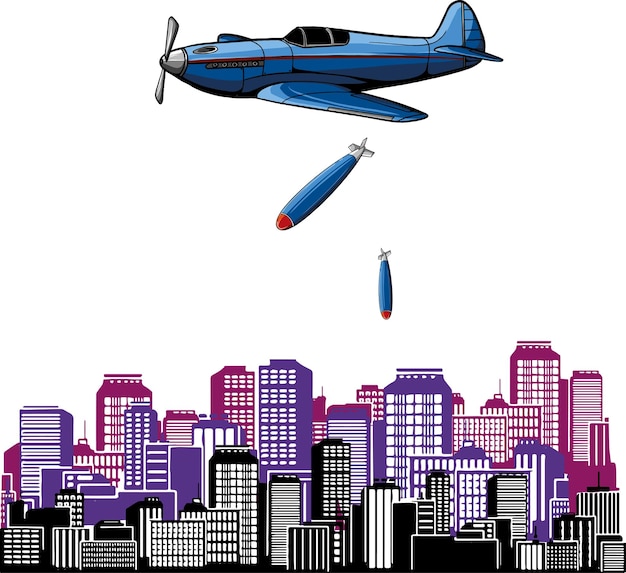 illustration of bomber plane on city