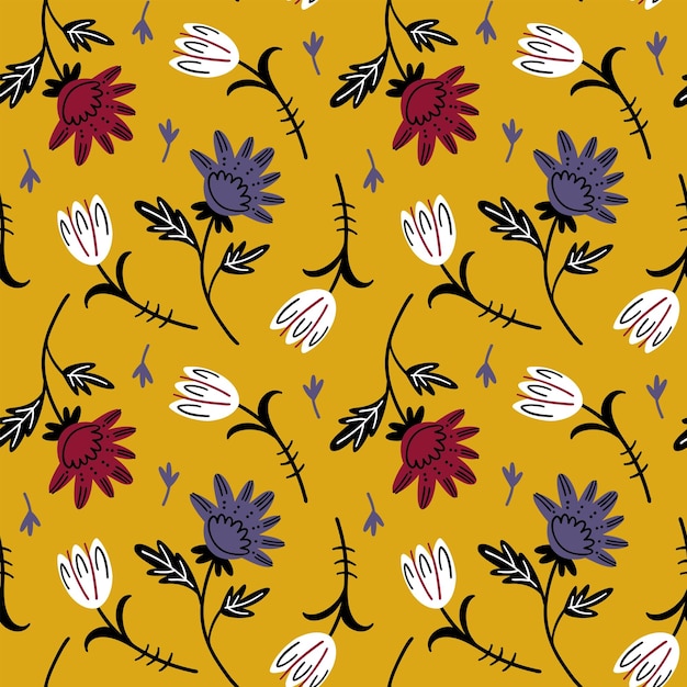 Illustrazione di un motivo botanico senza cuciture fiori foglie rami stile arte popolare oggetti isolati su sfondo colorato