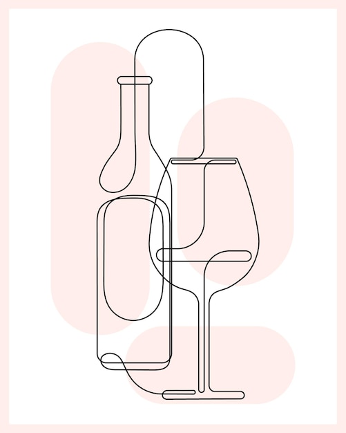 Illustration bottle and glass of wine with abstract stains Line art one line drawing sketch