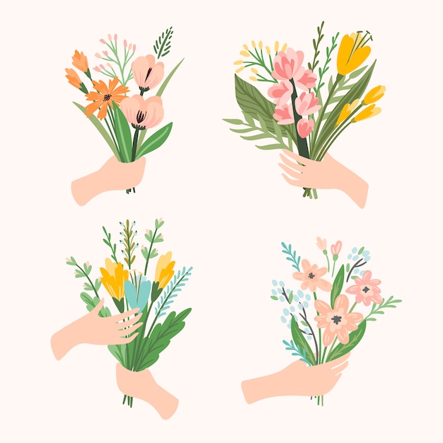 Vector illustration bouquets of flowers in hands