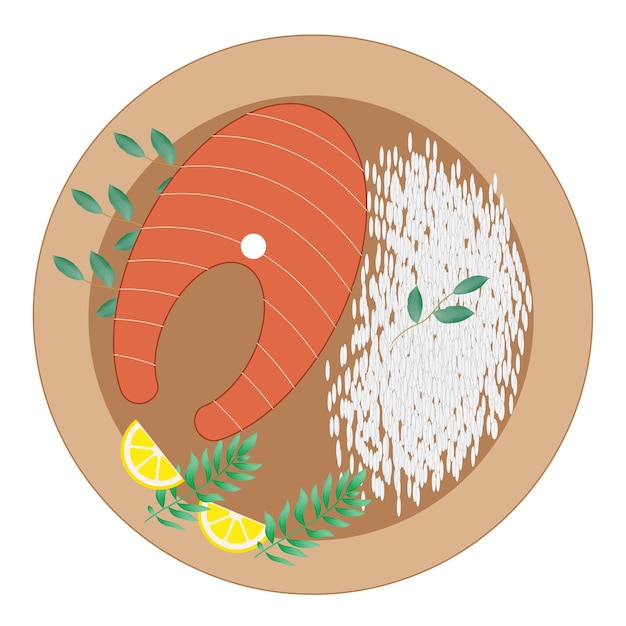 Illustration of a bowl of salmon and rice, top view. Vector stock illustration for fast food restaur