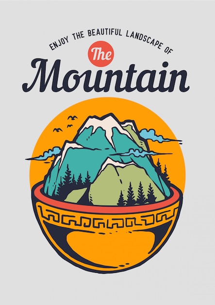 Vettore illustrazione della ciotola con la montagna e il paesaggio della natura sulla cima di esso.