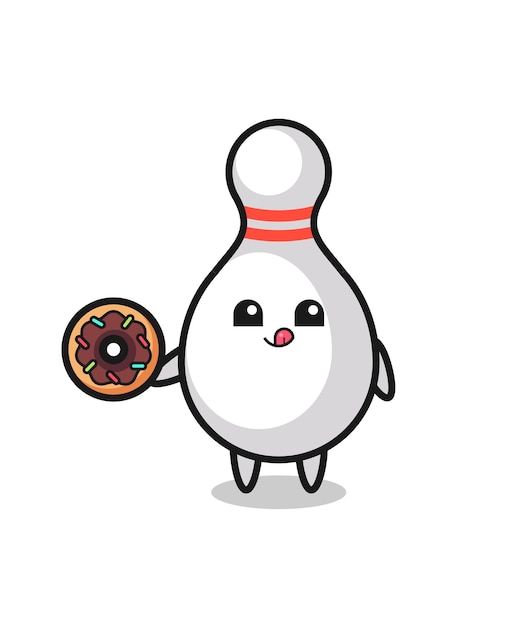 Illustration of an bowling pin character eating a doughnut