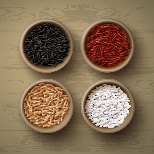 Vector illustration of bowls with different varieties of rice red brown white