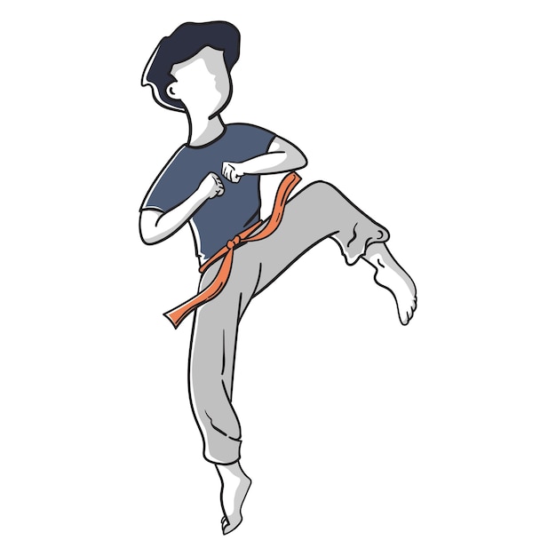 Vector illustration of boy demonstrating and practicing kick martial art