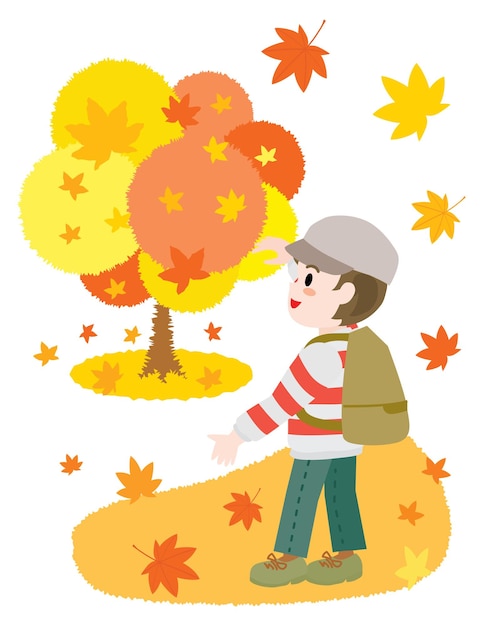 Vector illustration of a boy doing maple tree viewing