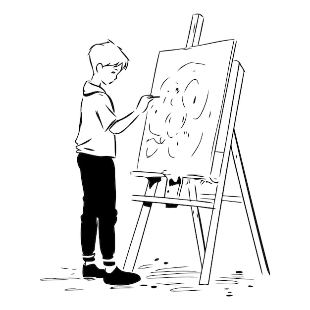 Illustration of a boy drawing a picture on an easel