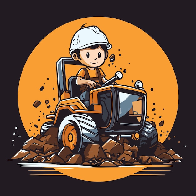 Vector illustration of a boy driving a tractor on the rocks vector illustration