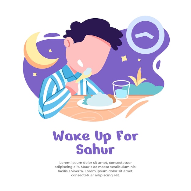 Illustration of boy getting up at dawn to eat sahur