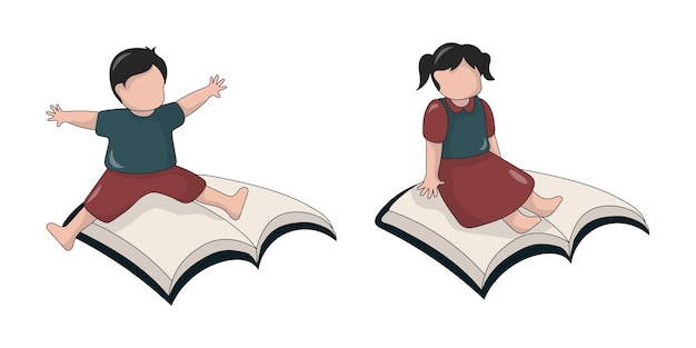 Illustration of boy and girl playing with book