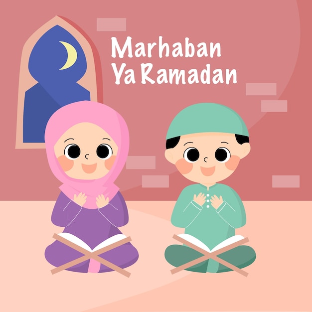 Illustration of Boy and girl read Quran at night