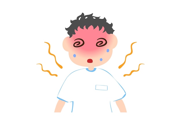 Vettore illustrazione di un ragazzo che ha vertigini a causa di un colpo di calore