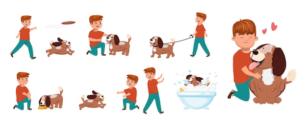 Illustration of a boy and his dog spending a nice time together Set of flat cartoon characters