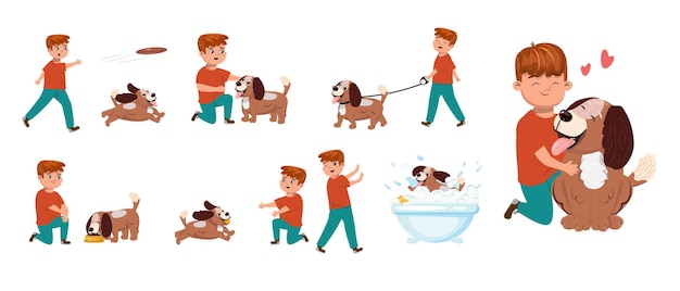 Illustration of a boy and his dog spending a nice time together set of flat cartoon characters