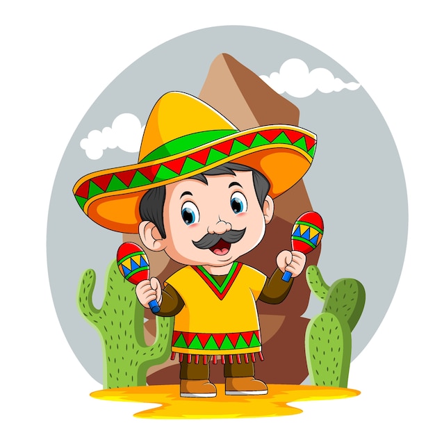 The illustration of the boy mexican use the yellow sombrero hat