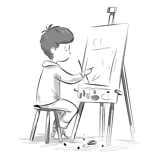 Vector illustration of a boy painting a picture on an easel