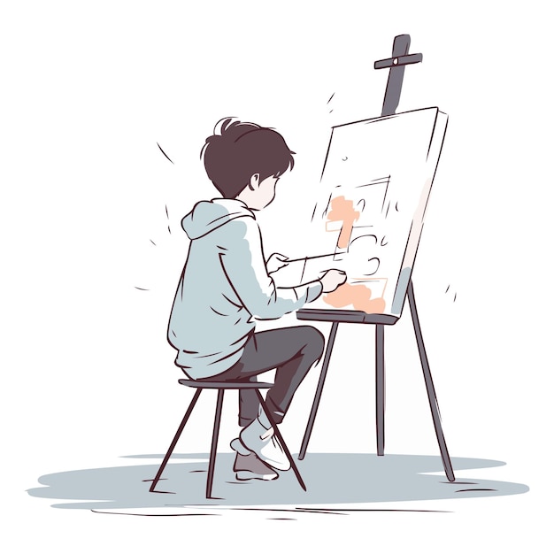 Illustration of a boy painting a picture on a easel