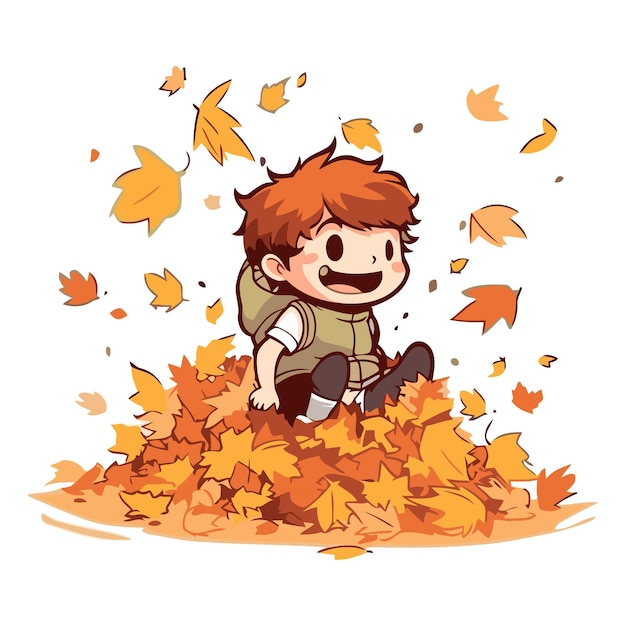 Illustration of a boy playing in the autumn leaves on a white background