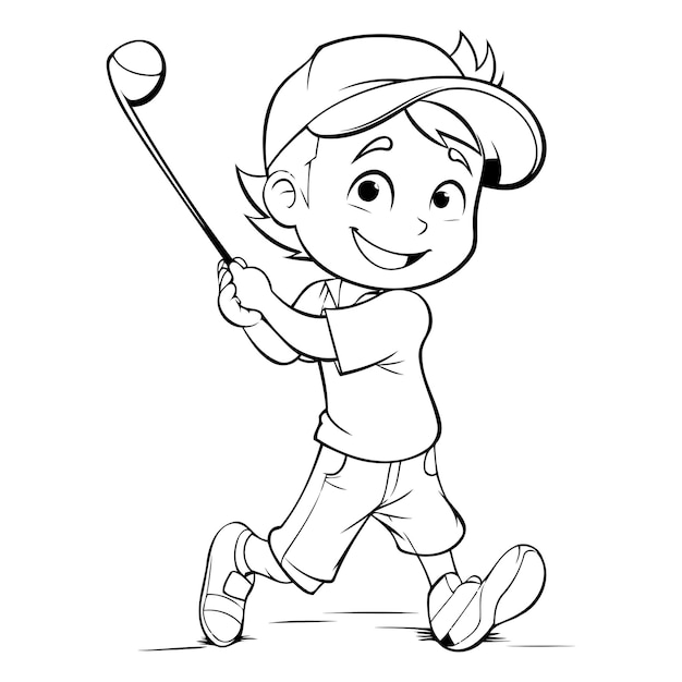 Vector illustration of a boy playing golf on a golf course coloring book
