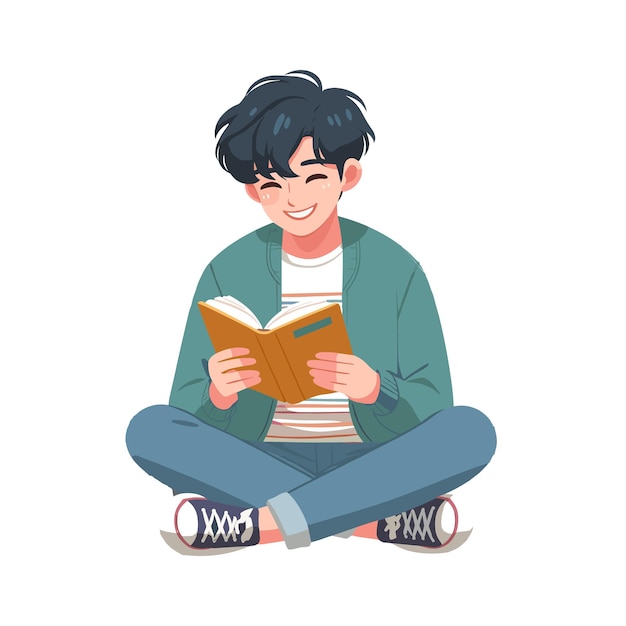 иллюстрация мальчика, читающего книгу на белом фоне в плоском стиле