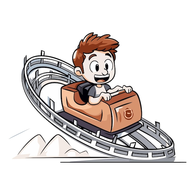 白い背景でローラーコースターに乗っている男の子のイラスト