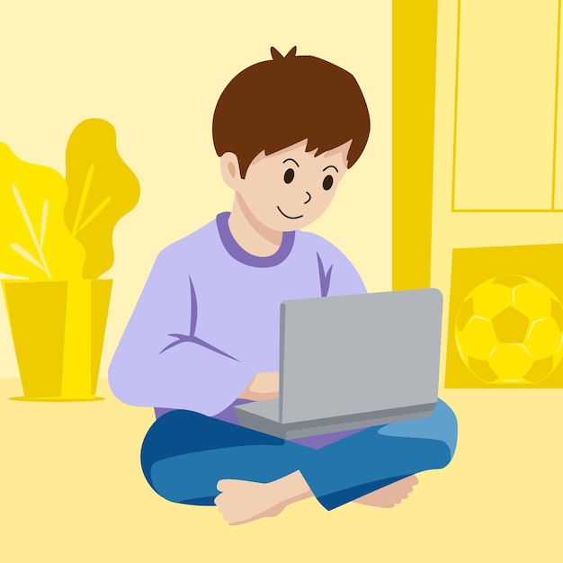 明るい黄色の部屋を背景にノートパソコンを使って座って勉強している男の子のイラスト