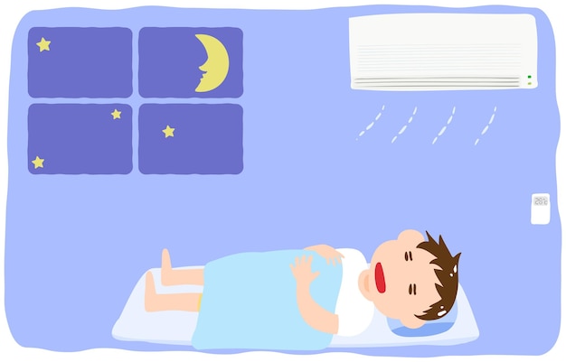 Illustration of a boy sleeping in a cool room with an air conditioner