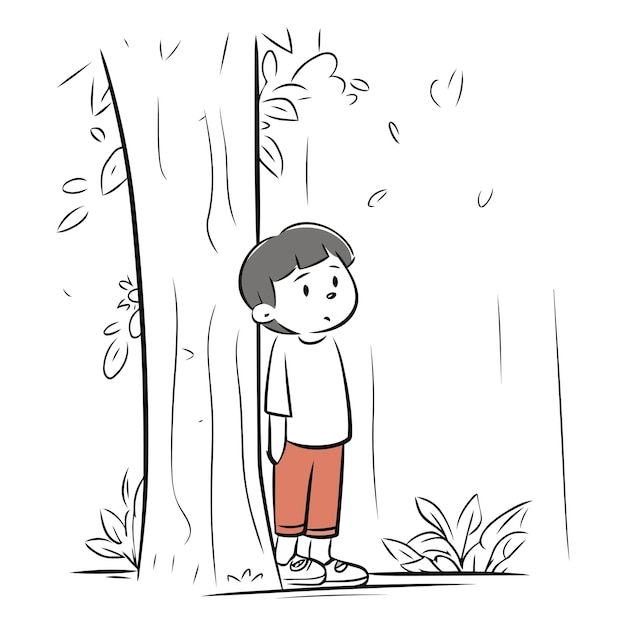 Vector illustration of a boy standing in front of a tree in a park