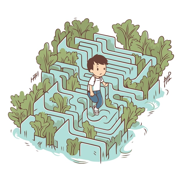 Vector illustration of a boy standing in the middle of a maze