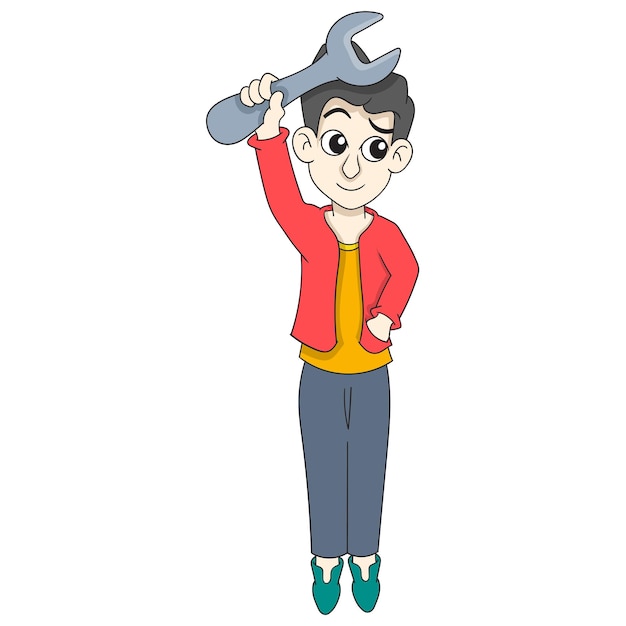 Illustration of boy standing repair shop worker carrying a wrench to fix your vehicle