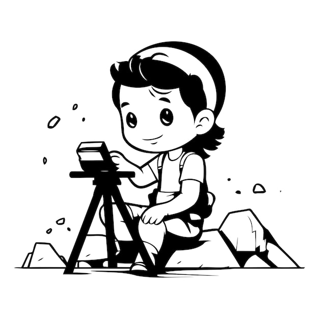 Illustration of a Boy Using a Tripod to Search a Treasure