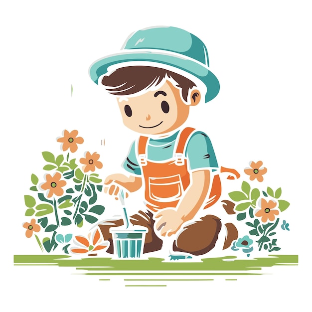 Vettore illustrazione di un ragazzo che innaffi i fiori nel giardino
