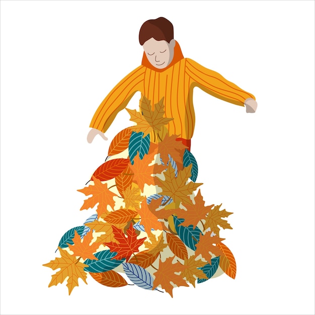 Illustration of boy with autumn leaves pile