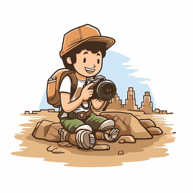Vettore illustrazione di un ragazzo con una telecamera sulla spiaggia illustrazione vettoriale