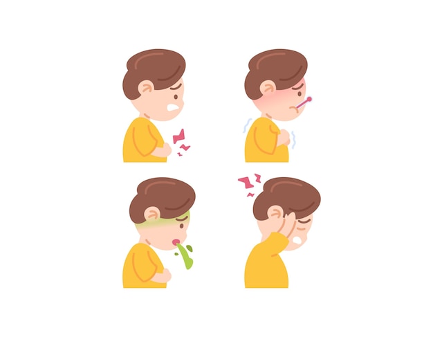 illustration of a boy with a headache vomiting stomach ache and fever health problems