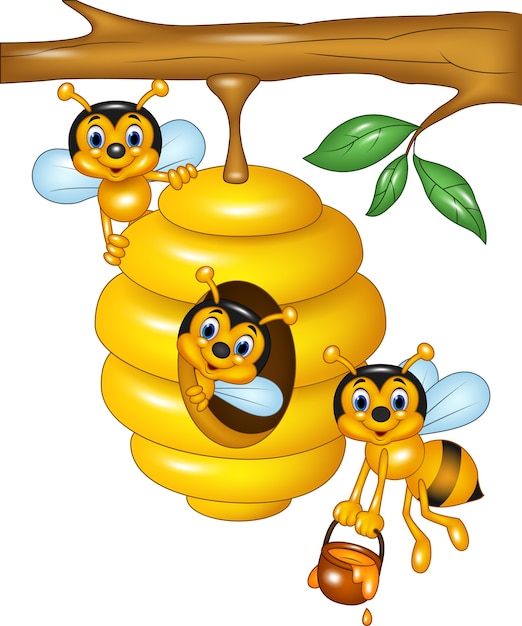 Illustration of branch of a tree with a beehive and bees