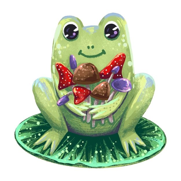 Illustration brand character a small frog with a bouquet of mushrooms