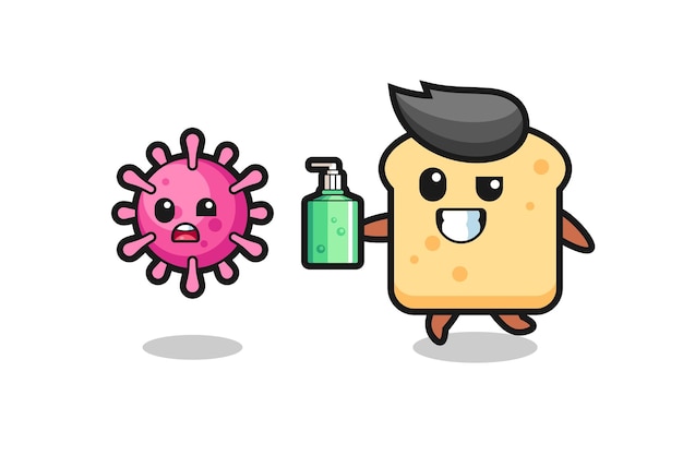 Illustration of bread character chasing evil virus with hand sanitizer